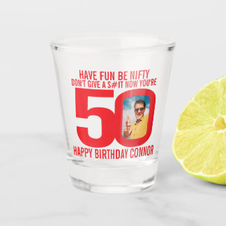 Vaso De Chupito 50 cumpleaños foto blanca roja divertido vidrio de