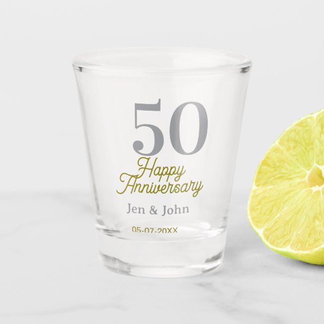 Vaso De Chupito 50th happy anniversary name date silver gold date  (Anverso)