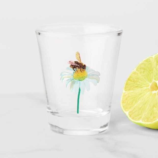 Vaso De Chupito Abeja de miel sobre una flor blanca (Anverso)