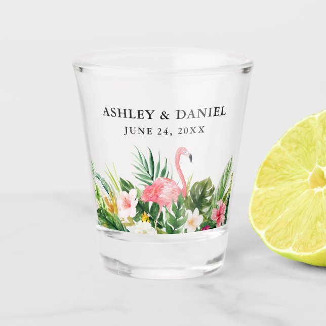 Vaso De Chupito Acuarela Boda de flamenco floral tropical (Anverso)