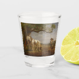 Vaso De Chupito Agricultores descansando en un campo con caballos 