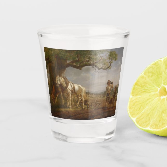 Vaso De Chupito Agricultores descansando en un campo con caballos  (Anverso)