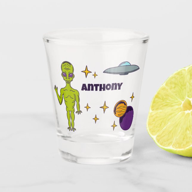 Vaso De Chupito Alienígena espacial con Saucer volador personaliza (Anverso)
