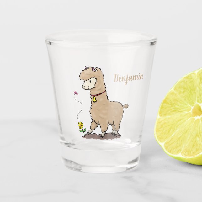 Vaso De Chupito Alpaca feliz con personalizado de mariposa (Anverso)