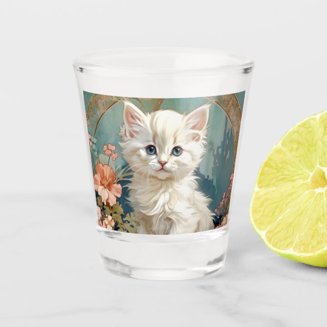 Vaso De Chupito Alphonse Mucha Estilo Gato Blanco (Anverso)