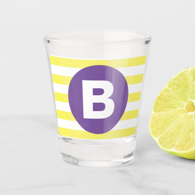 Vaso De Chupito Amarillo soleado rayado monograma morado (Anverso)