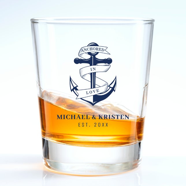 Vaso De Chupito Anclado en amor Ancla azul náutico Boda  (Anchored in Love Nautical Blue Anchor Wedding Shot Glass
)