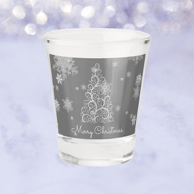 Vaso De Chupito Árbol de Navidad plateado y copos de nieve (Silver Christmas Tree and Snowflakes Shot Glass)