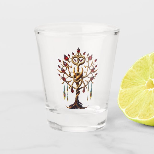 Vaso De Chupito Árbol dorado de la vida con piedras preciosas roja (Anverso)