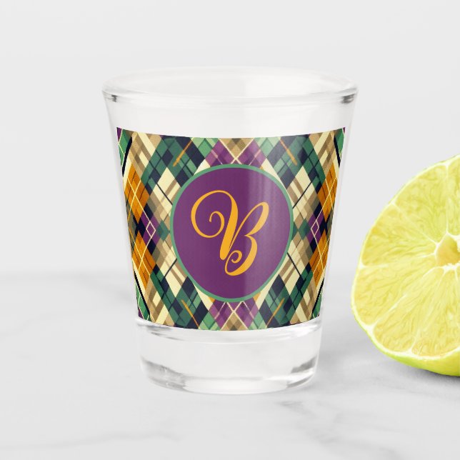 Vaso De Chupito Argyle Mardi Gras verde púrpura amarillo (Anverso)