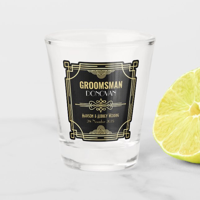Vaso De Chupito Art Deco Boda Groomsman Gold Black Favor de los añ (Anverso)