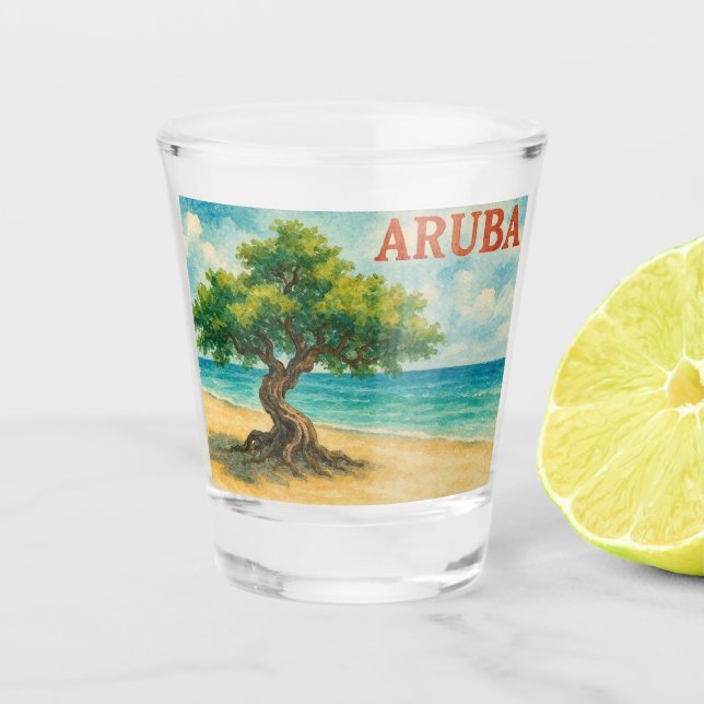Vaso De Chupito Aruba Divi Tree Eagle Beach acuarela (Anverso)