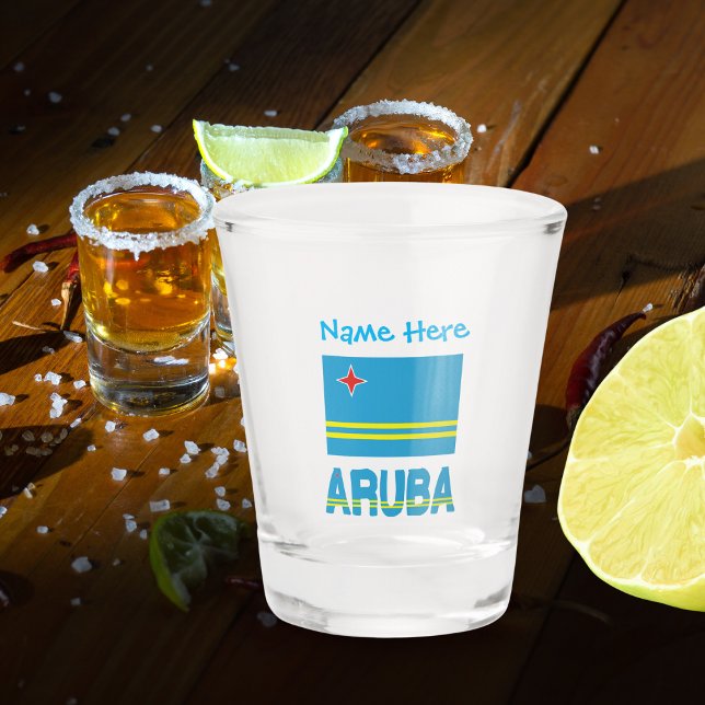 Vaso De Chupito Aruba y la bandera de Aruba Personalización azul (Shot glass with the Aruban flag and the word ARUBA below in the flag colors. Add a name above.)