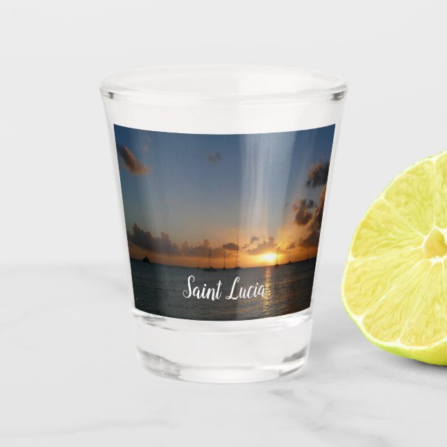 Vaso De Chupito Atardecer con veleros paisaje tropical foto (Anverso)