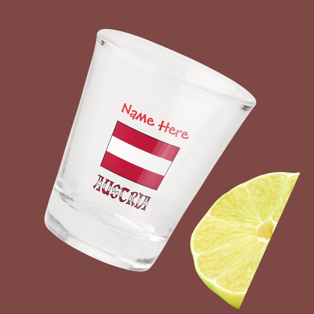 Vaso De Chupito Austria Bandera Roja personalizada (Shot glass with Austrian flag and the word AUSTRIA below in flag colors. Add name above in red text )