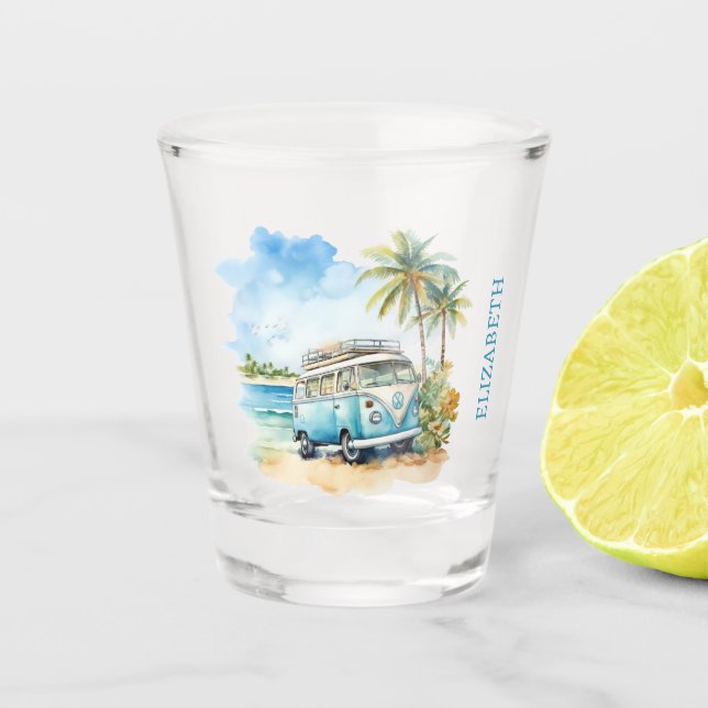 Vaso De Chupito Autobús azul retro de Isla Tropical (Anverso)