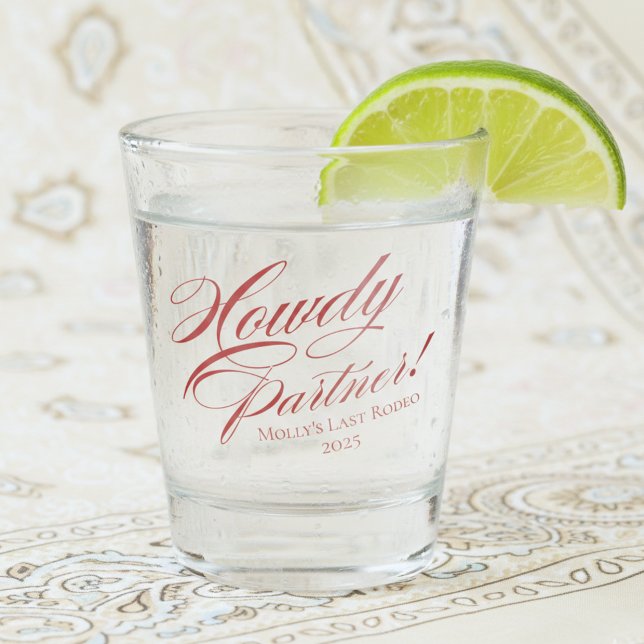 Vaso De Chupito Bachelorette, socio de Red Howdy personalizado (Howdy Partner Western Bachelorette Shot Glass)
