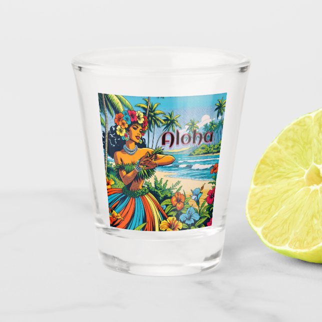 Vaso De Chupito Bailarina hula en Aloha, Islas Hawái (Anverso)