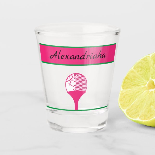 Vaso De Chupito Balón de golf rosa de mujer en nombre del golfista (Anverso)