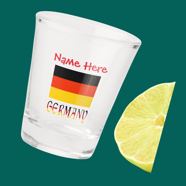 Vaso De Chupito Bandera alemana roja personalizada (Shot glass has German Flag and word GERMANY below in flag colors. Add name in red text above.)