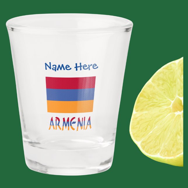Vaso De Chupito Bandera armenia azul (Armenian Flag on shot glass with the word ARMENIA below in the flag colors. Add name above in blue.)