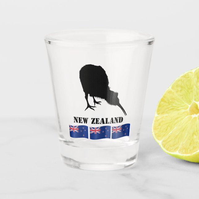 Vaso De Chupito Bandera de Nueva Zelanda y Kiwi Bird Sillhouette (Anverso)