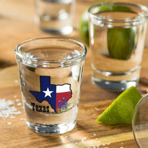 Vaso De Chupito Bandera de Texas y Bluebonnet de flores con nombre