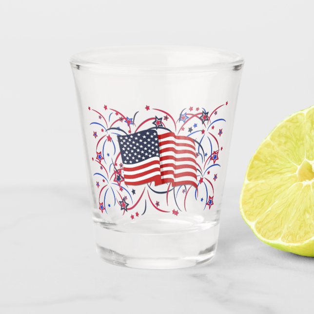 Vaso De Chupito Bandera estadounidense y fuegos artificiales (Anverso)
