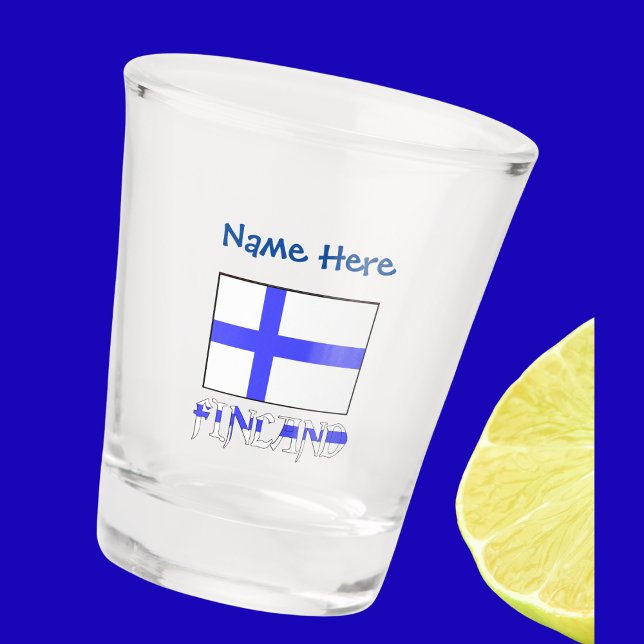 Vaso De Chupito Bandera finlandesa azul personalizada (Shot glass has Finnish Flag and word FINLAND below in flag colors. Add name above in blue text.)