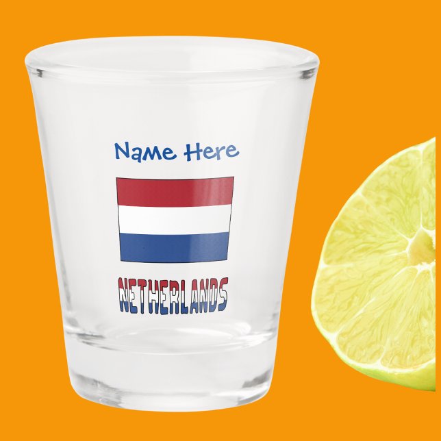 Vaso De Chupito Bandera neerlandesa azul personalizada (Shot glass with Netherlander flag and the word NETHERLANDS below in flag colors. Add a name above.)