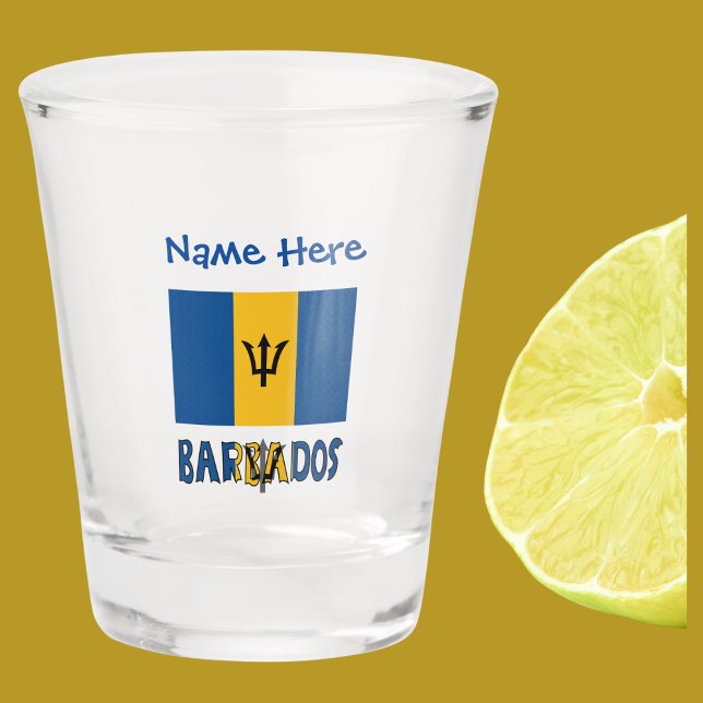Vaso De Chupito Barbados y la bandera de Barbados: Personalización (Shot glass with Barbadian or Bajan Flag and the word BARBADOS below in flag colors. Add name above.)
