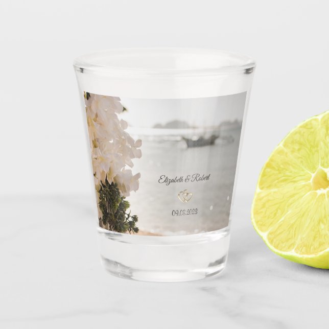 Vaso De Chupito Barco de Vela Flores Playa Boda (Anverso)
