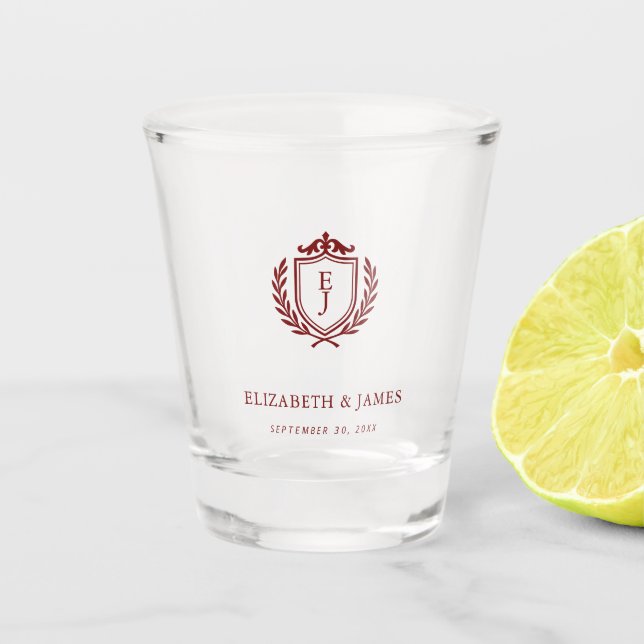 Vaso De Chupito Bienvenida de boda con cresta de Borgoña, iniciale (Anverso)