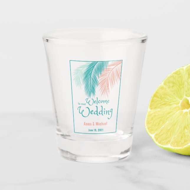 Vaso De Chupito Bienvenida de Boda de Destino Tropical (Anverso)