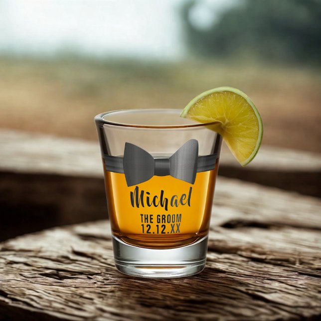 Vaso De Chupito Black Bow Tie Groom Bacheler Party Shot Glass (For your Groom. Just add his name and your wedding date)