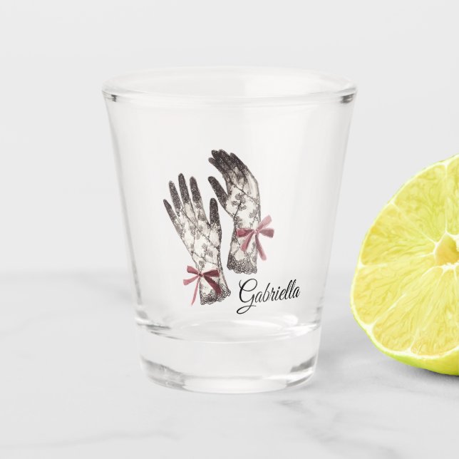 Vaso De Chupito Black White Lace Gloves Burgundy Bow (Anverso)