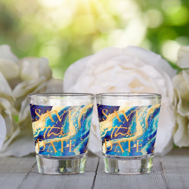 Vaso De Chupito Blue Gold Boda Beach Funny Save the Date (Subido por el creador)