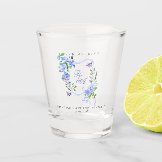 Vaso De Chupito Blue Rose Ribbon Monogram Wedding  (Anverso)