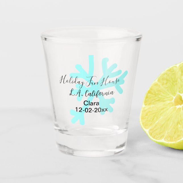 Vaso De Chupito Blue snowflakes holiday camping house place date (Anverso)