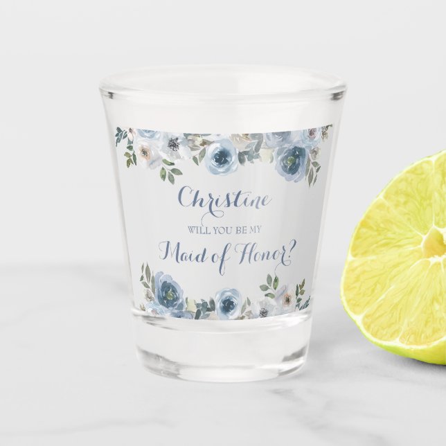 Vaso De Chupito Boda Botánico Floral Azul Y Gris Dusto (Anverso)