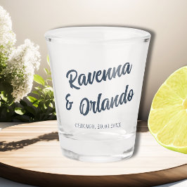 Vaso De Chupito Boda Clásica en Azul Marino con Cursiva Retro