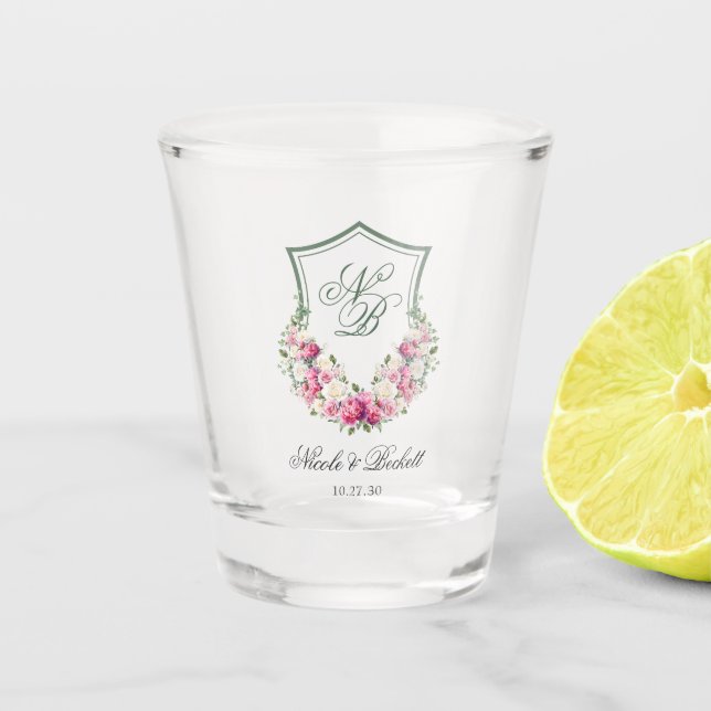 Vaso De Chupito Boda con Cresta Floral Rosa (Anverso)