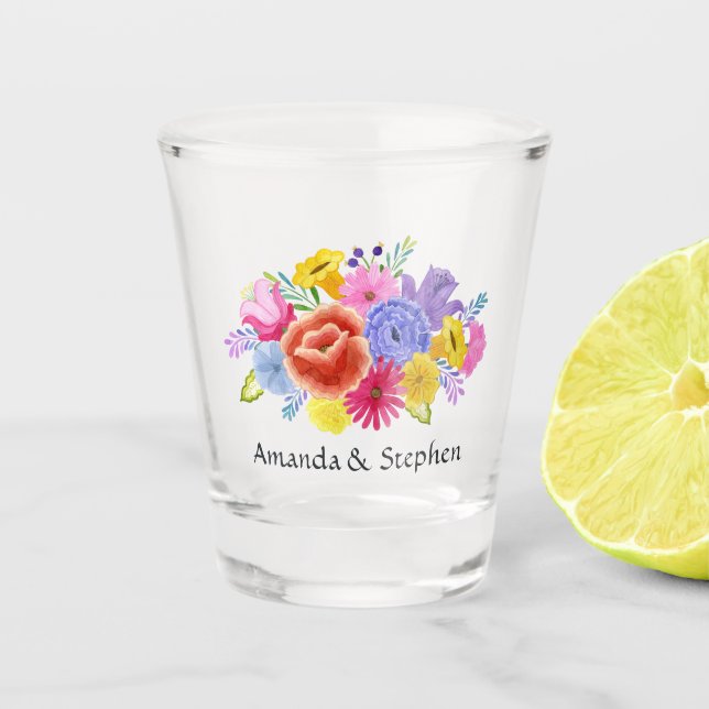 Vaso De Chupito Boda de Fiesta Floral Colorida Mexicana (Anverso)