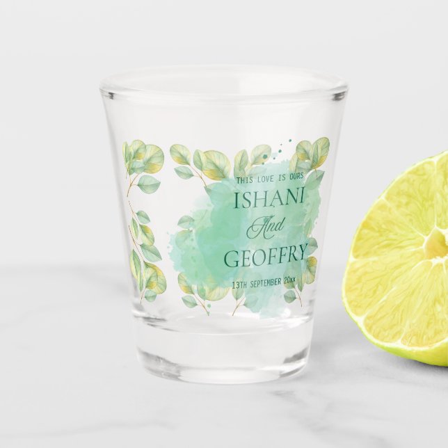 Vaso De Chupito Boda de hojas de eucalipto verde (Anverso)