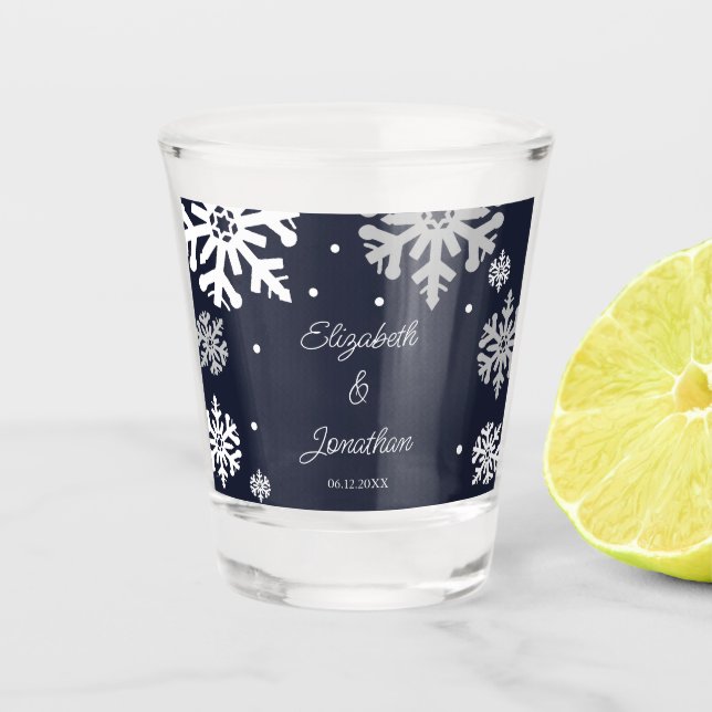 Vaso De Chupito Boda de invierno con copas de nieve azul de la mar (Anverso)
