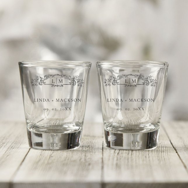 Vaso De Chupito Boda de monograma escudo botánico elegante y de Mo (Subido por el creador)