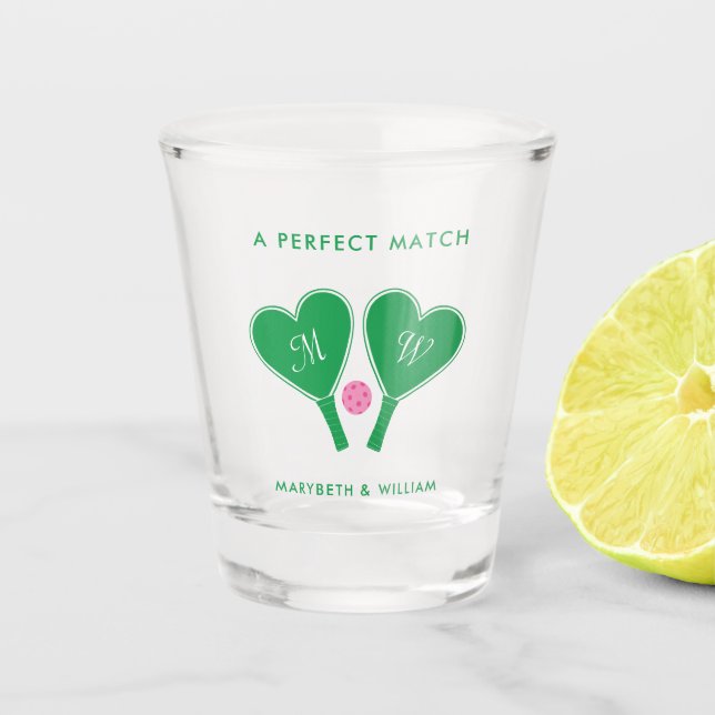 Vaso De Chupito Boda de pickleball verde y rosa elegante (Anverso)