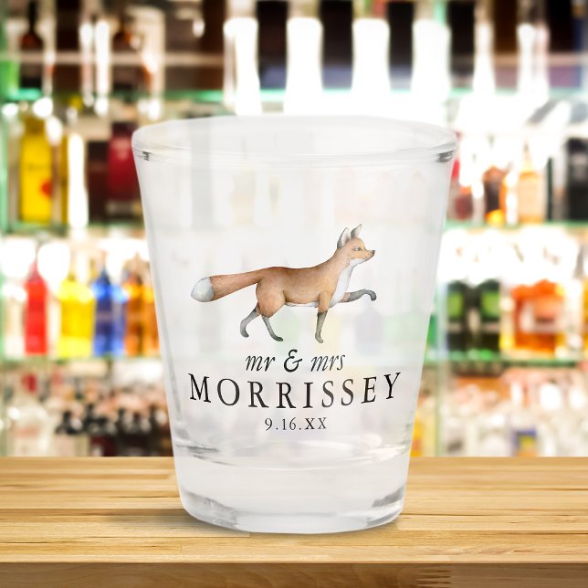 Vaso De Chupito Boda de zorro del bosque en acuarela Sr y Sra (Watercolor Woodland Fox Mr and Mrs Wedding Shot Glass)