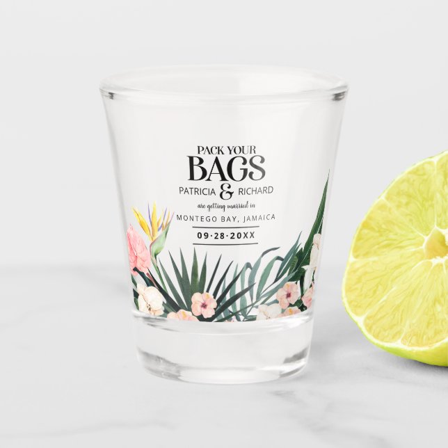 Vaso De Chupito Boda en Destino Tropical Guardar la Fecha (Anverso)