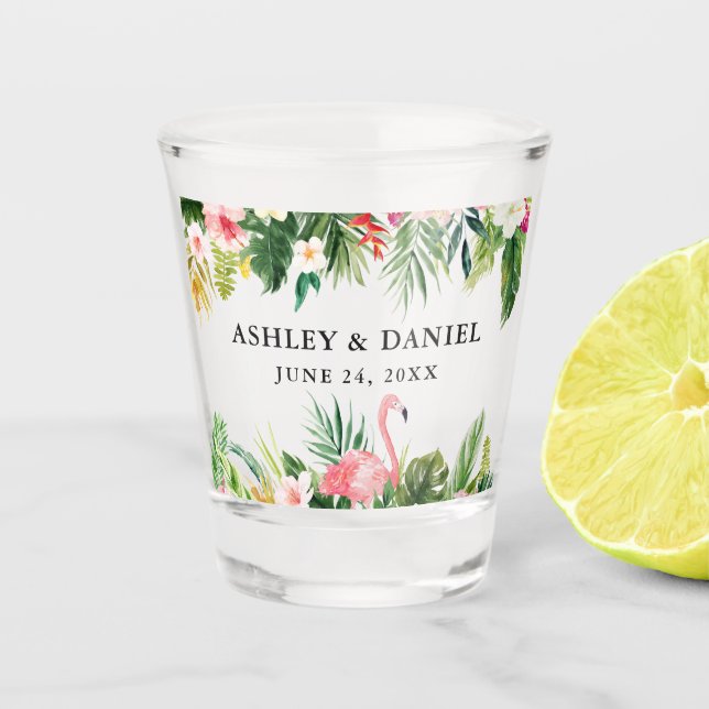 Vaso De Chupito Boda Flamingo Floral de acuarela tropical (Anverso)